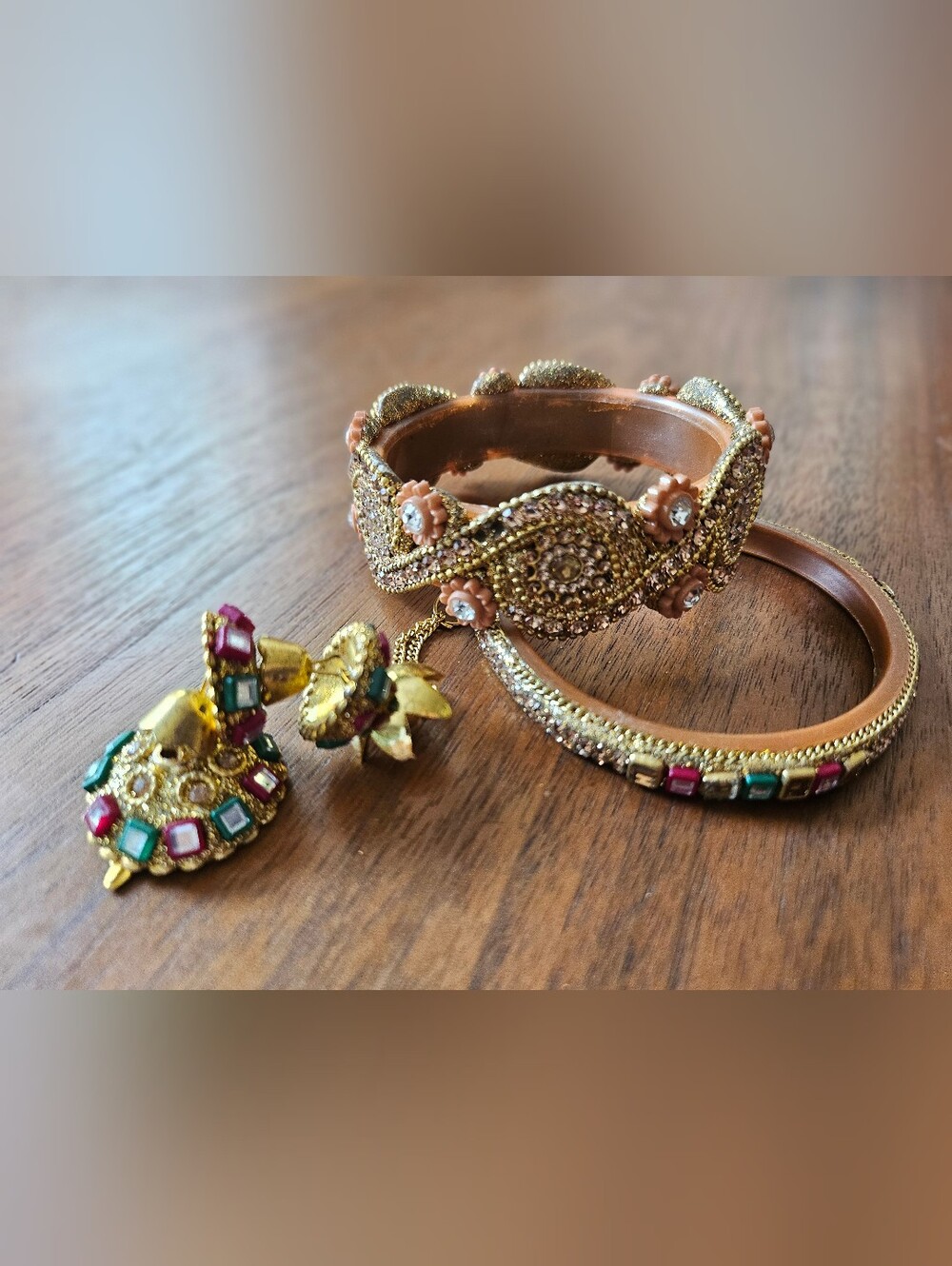 Set Of 2 Kundan Pujabi Jeweled Bangles One W Dangle